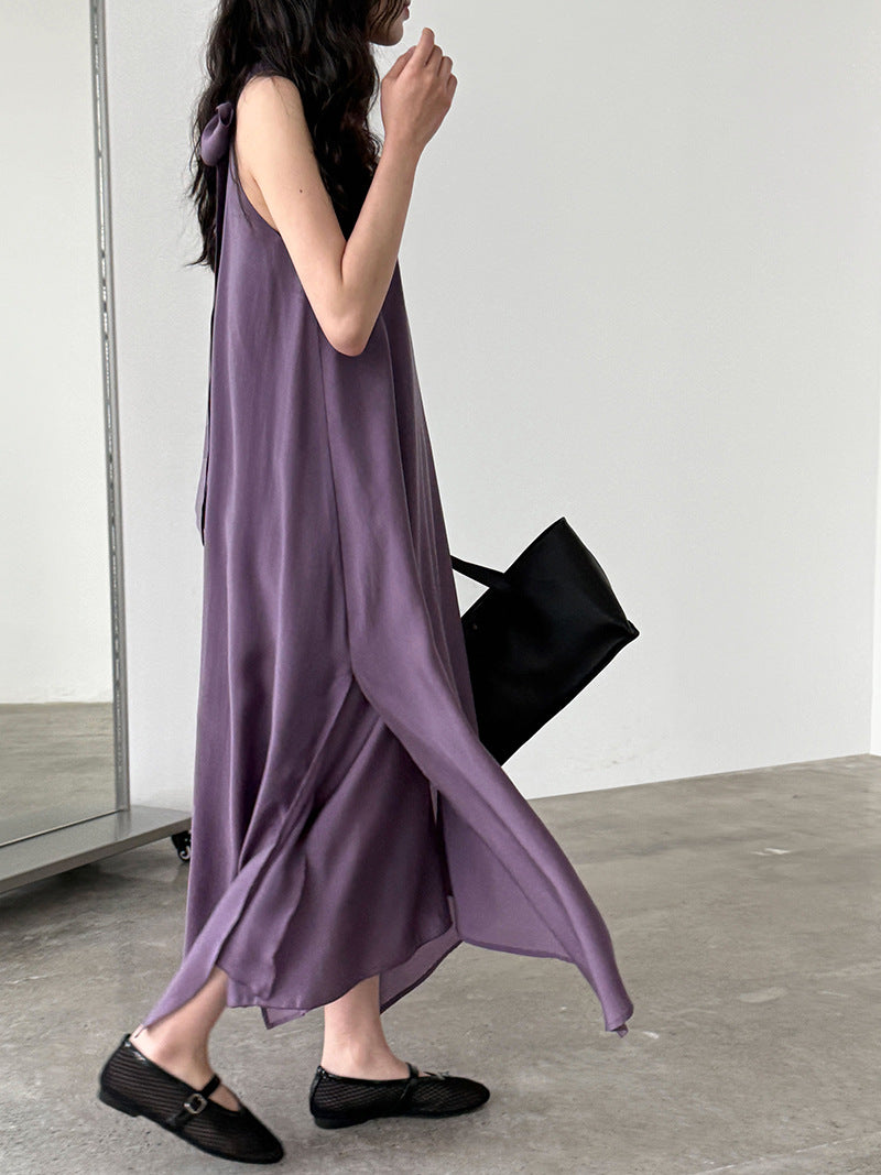 French high-end Tencel streamer halterneck dress women's summer resort style off-the-shoulder fairy dress