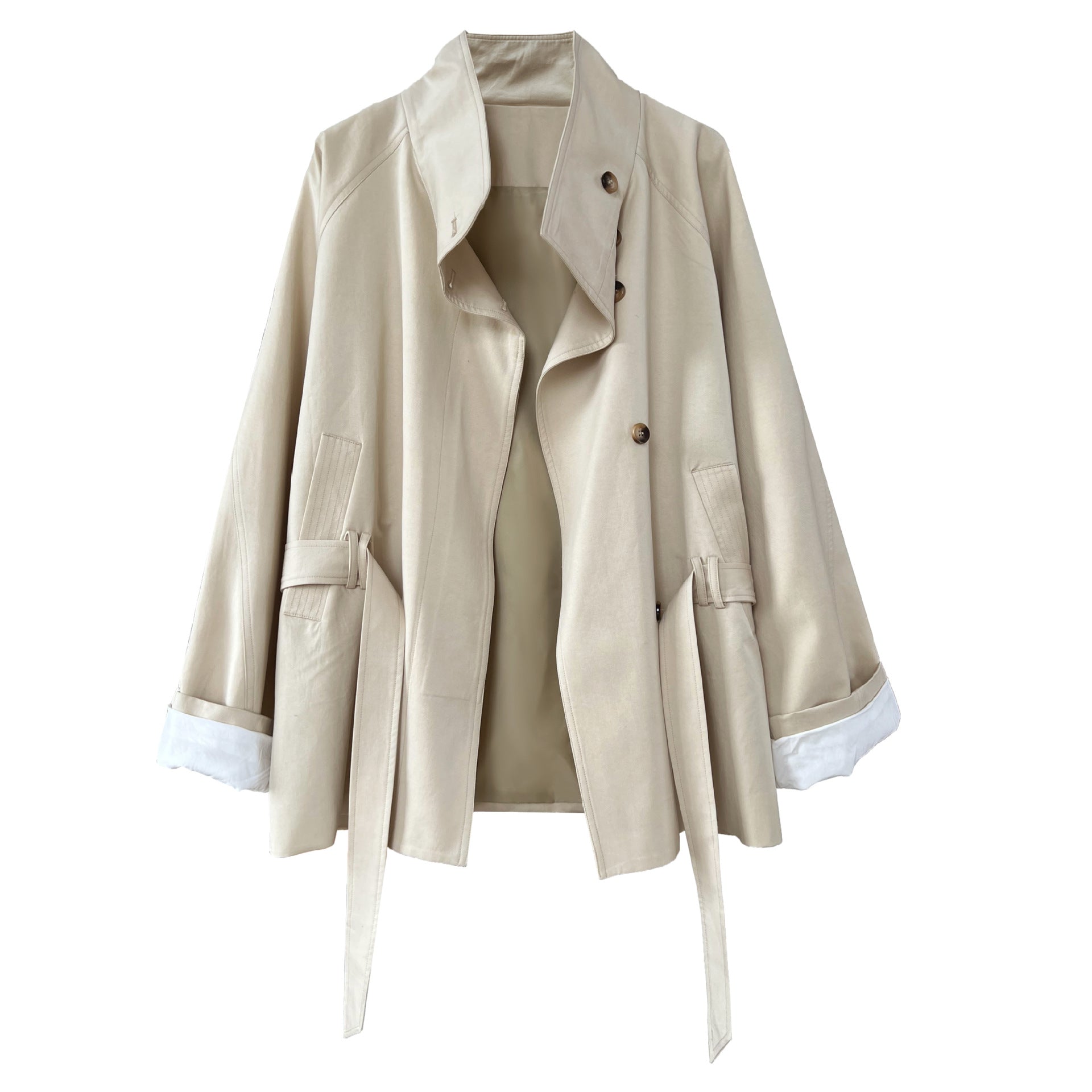 Autumn solid color stand-up collar short trench coat