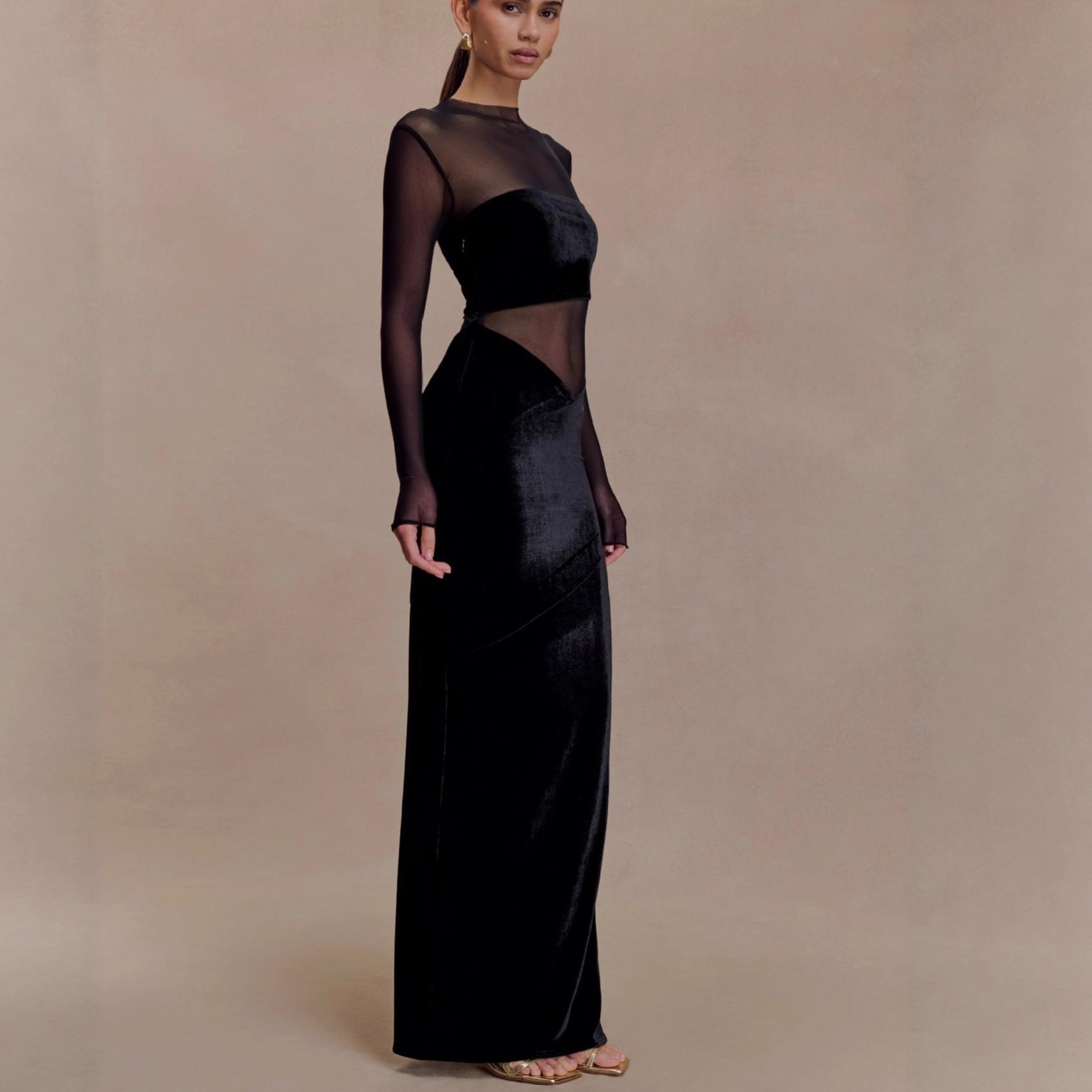 Fashion mesh hollowed-out splicing dress perspective sexy hottie long-sleeved autumn and winter dress