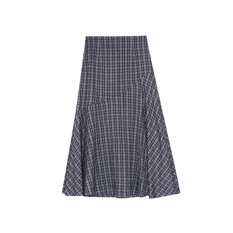 Cotton high-waisted A-line contrasting plaid skirt
