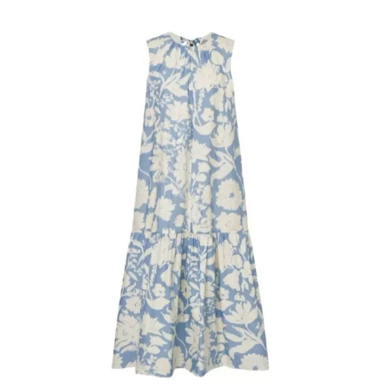Summer new French niche design floral silhouette print streamer sleeveless dress