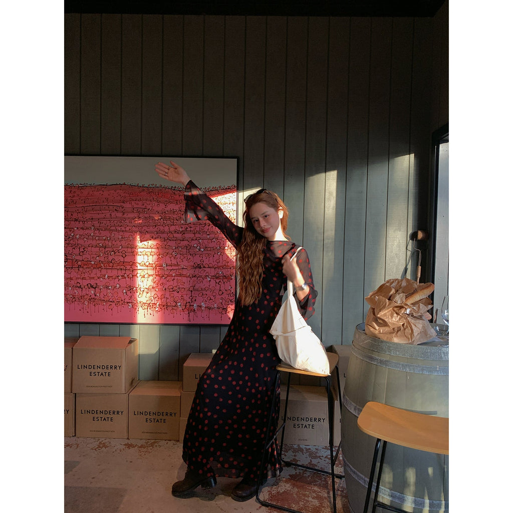 Early Spring Vacation Retro Waist Long Sleeve Polka Dot Mesh Double Layer Dress
