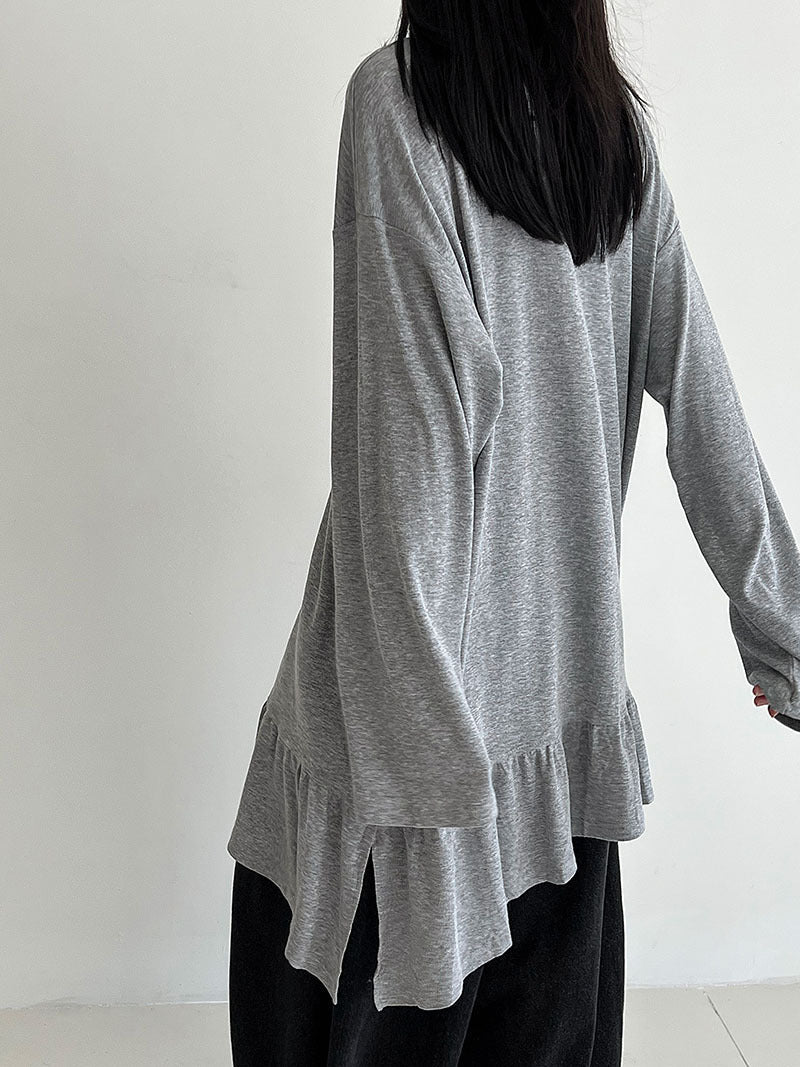 Korean splicing pendant splicing ruffle edge T-shirt women's early spring new design long-sleeved top