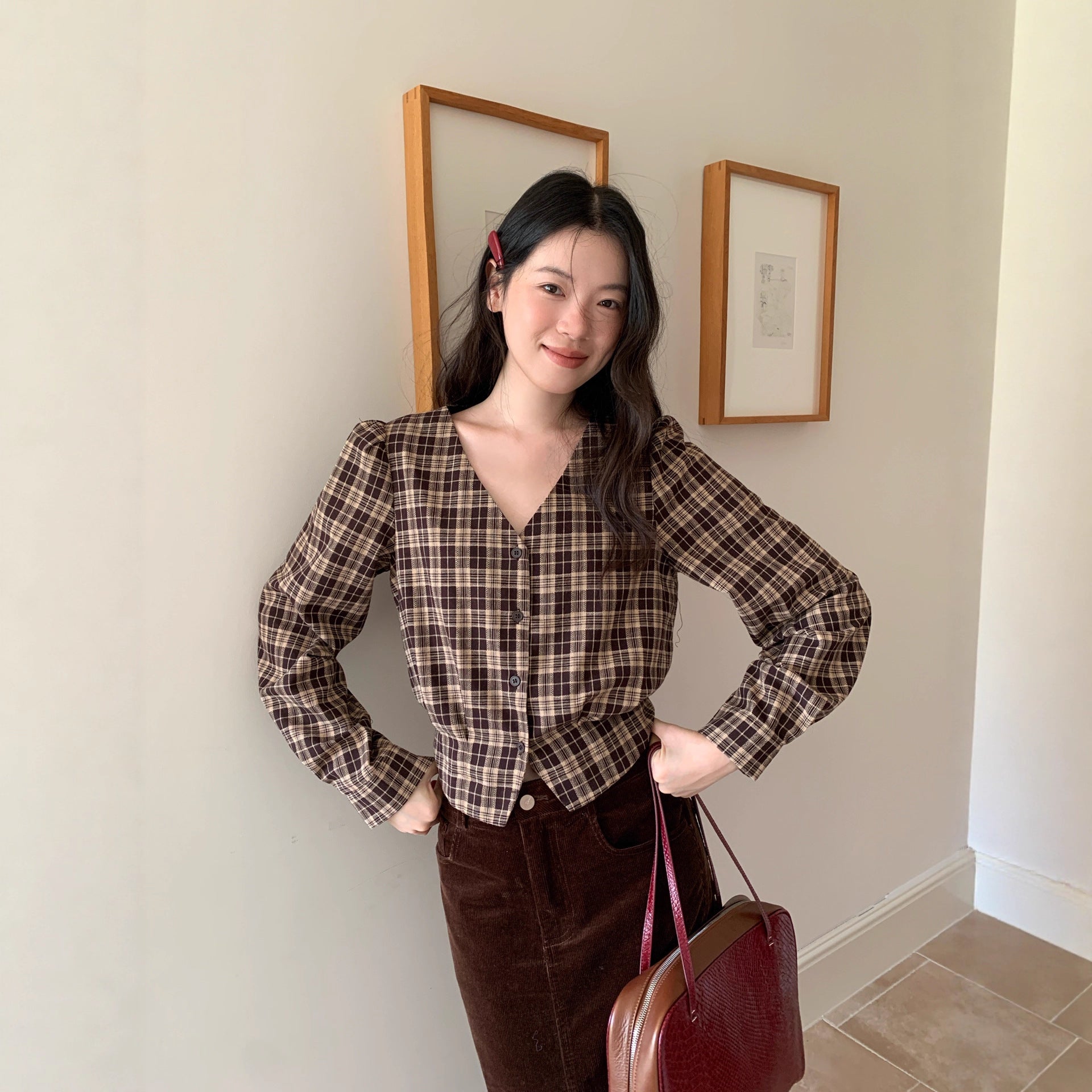 Women's V-Neck Plaid Print Single-Breasted Long Sleeve Cotton Shirt