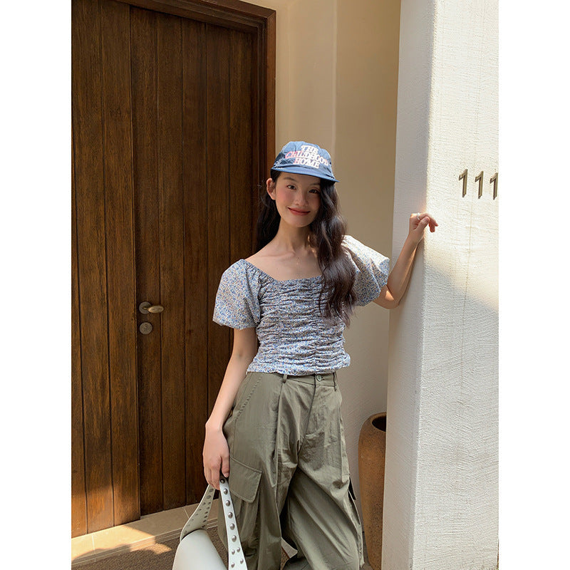 French Floral Pleated Bubble Sleeve Top