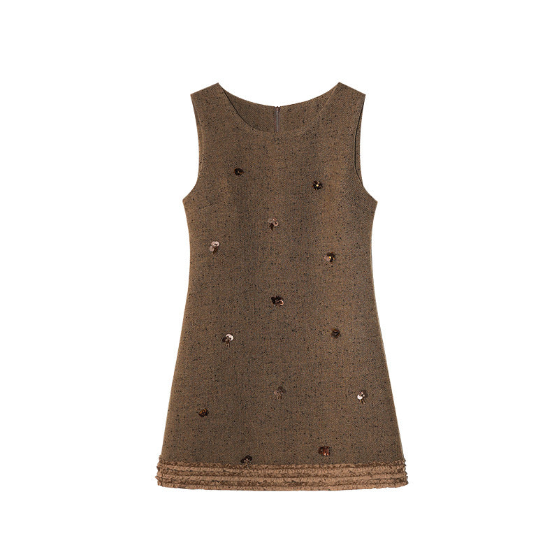 Age reduction and thin stacking sleeveless crew neck vest dress