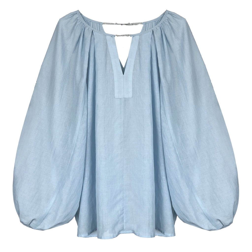 French double V-neck chain design lantern sleeve