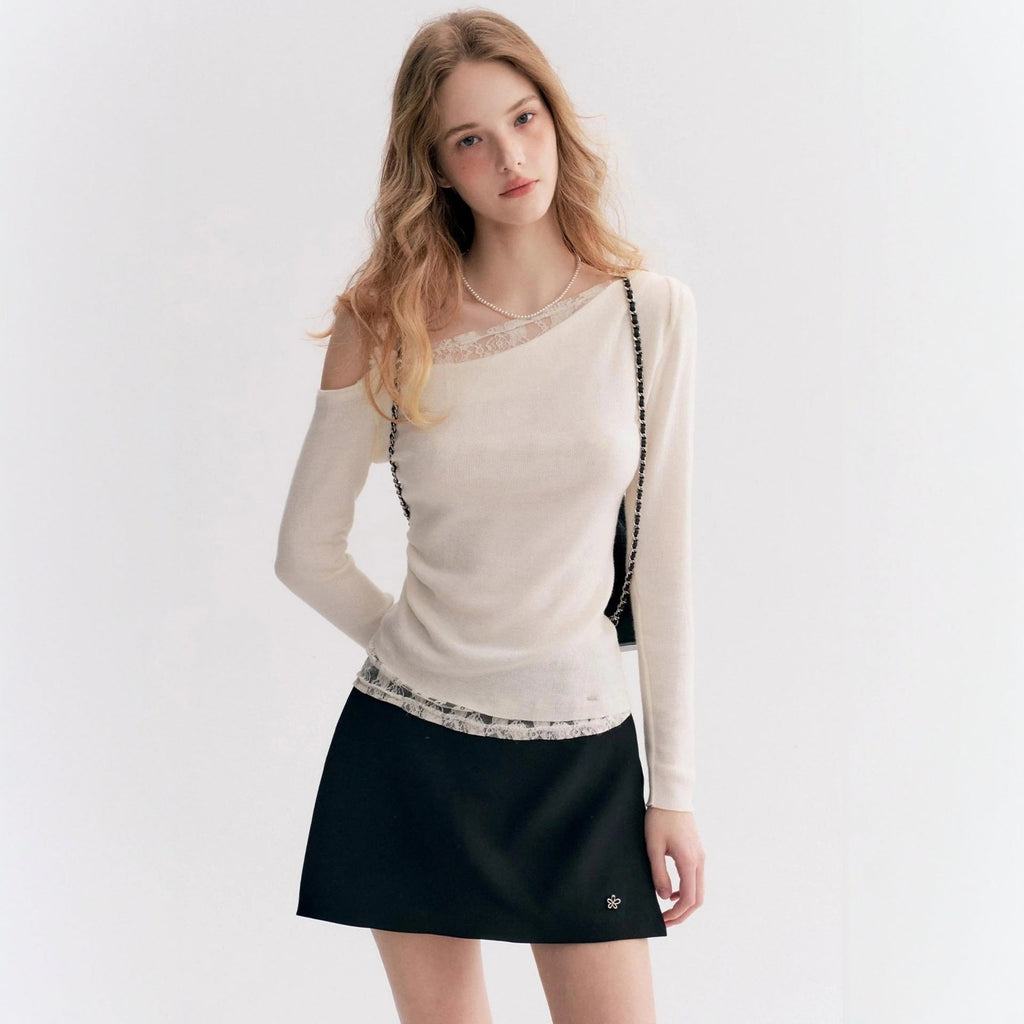 Fashion lace slanted shoulder bottoming shirt T-shirt