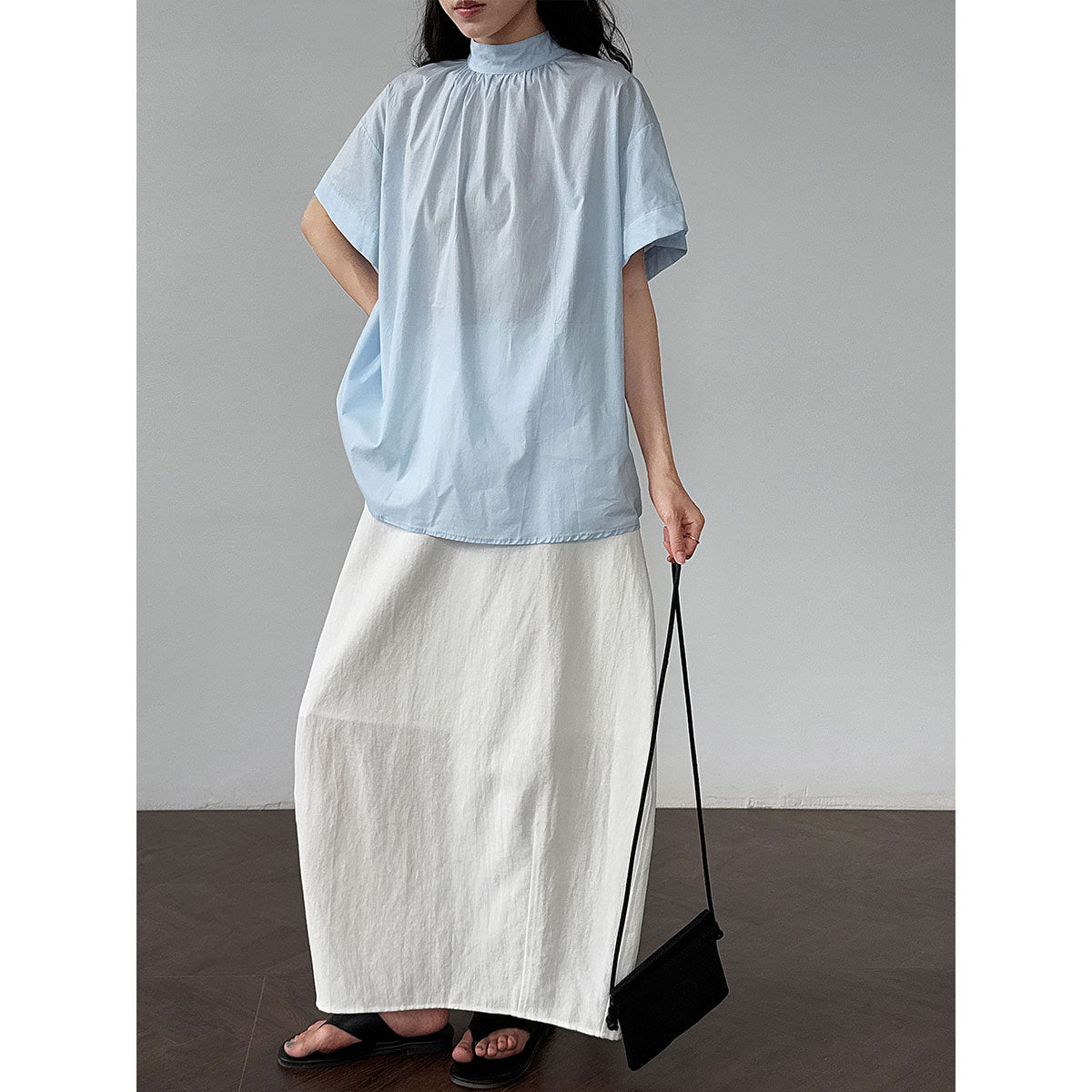 Korean-inspired, niche design blouse with a cutout back. new summer lightweight stand collar short-sleeve shirt for women