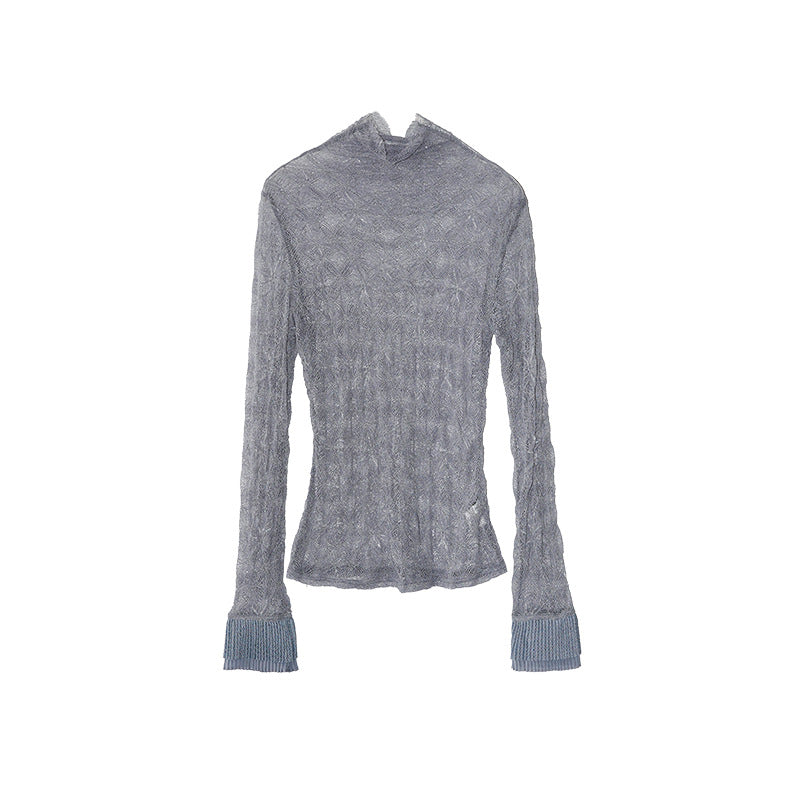 Elegant Slim Pile Long Sleeve Turtleneck Lace Bottom Shirt