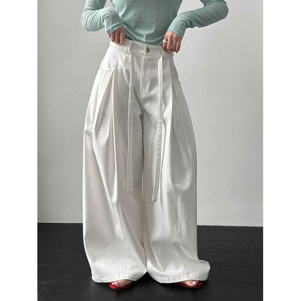 Korean design waist lace-up wide-leg pants women's 26 spring new pleated versatile casual pants