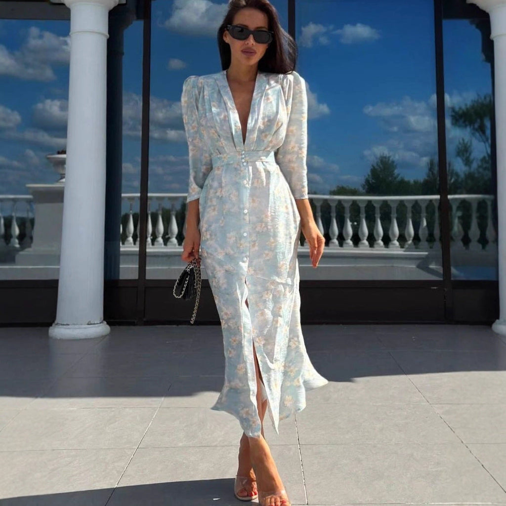 Sexy cardigan print skirt waist bubble sleeve split skirt fashion style dress