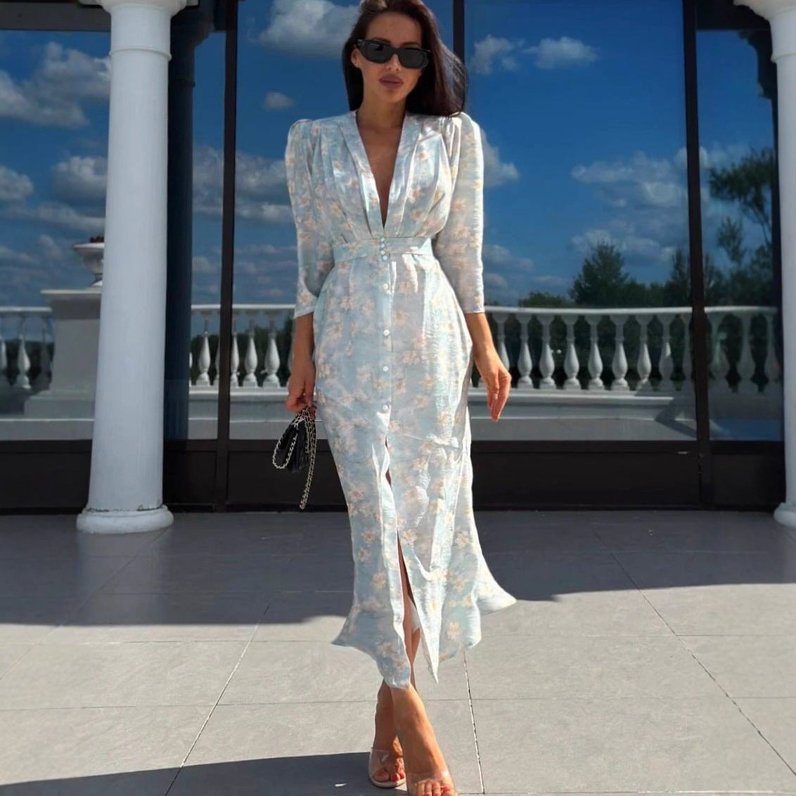Sexy cardigan print skirt waist bubble sleeve split skirt fashion style dress