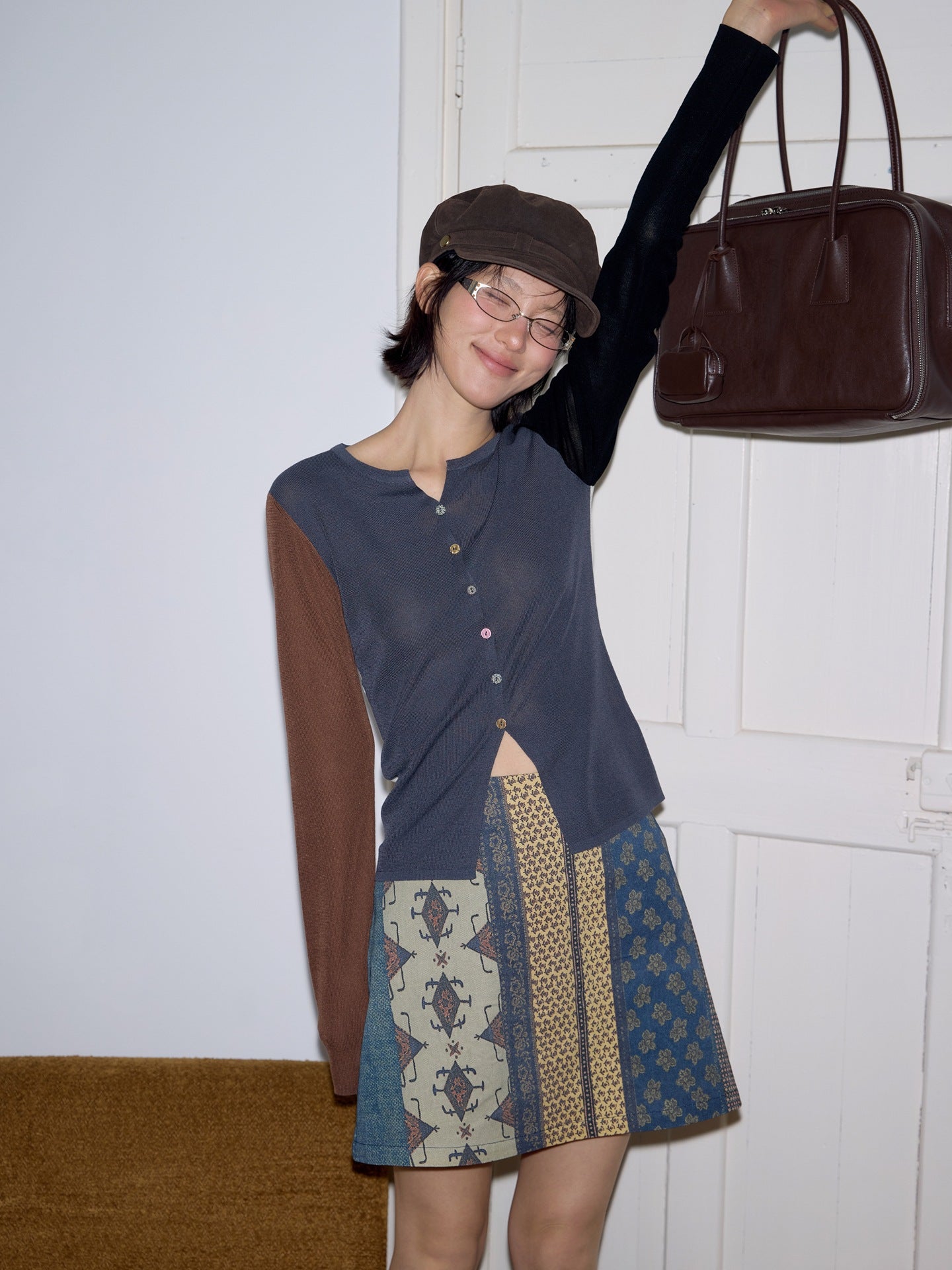 Dopamine Tencel Contrasting Cardigan Knitted Sweater ins Retro Long Sleeve Top
