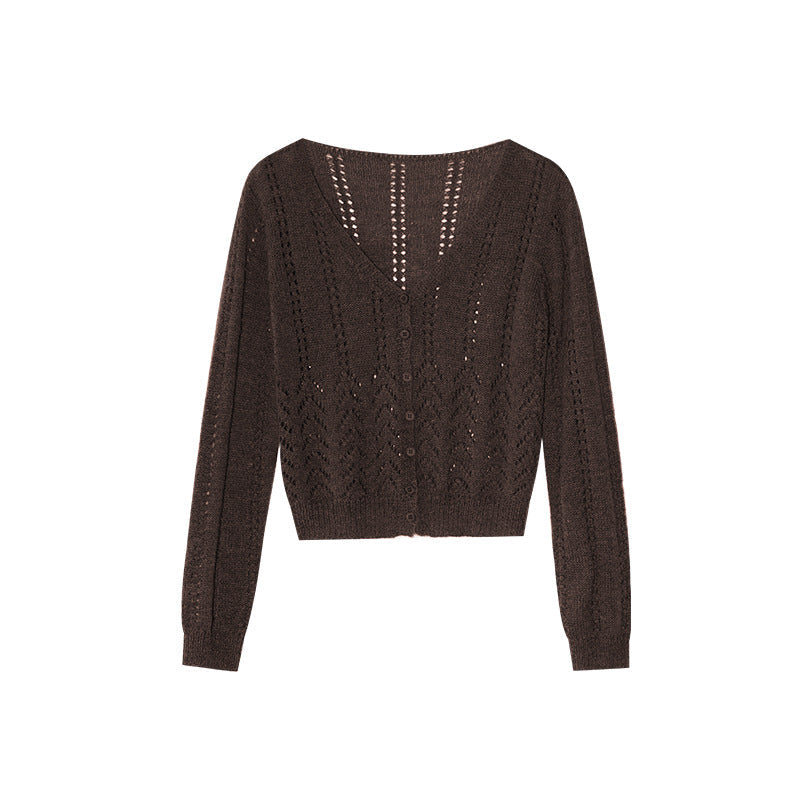 Casual single-row deep v-neck hollow-knit cardigan sweater
