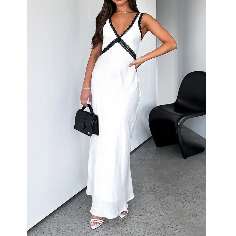 Lace Splicing Suspender Long Dress Fashion Sleeveless Satin Dress High Waist Sexy Babes