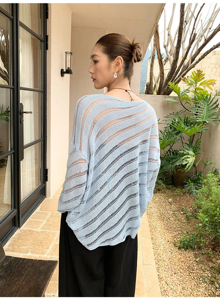 Cold hollow loose knitted sweater spring Korean lazy style long-sleeved sunscreen blouse