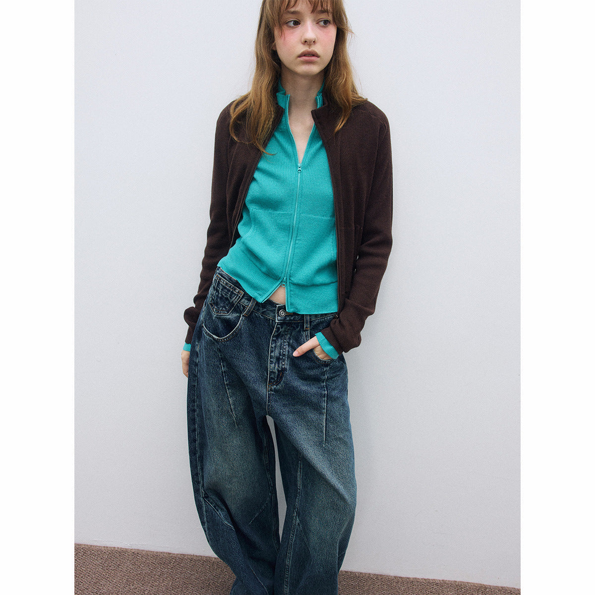 Autumn new casual wool solid color versatile stand-up collar pit strip short knitted cardigan women