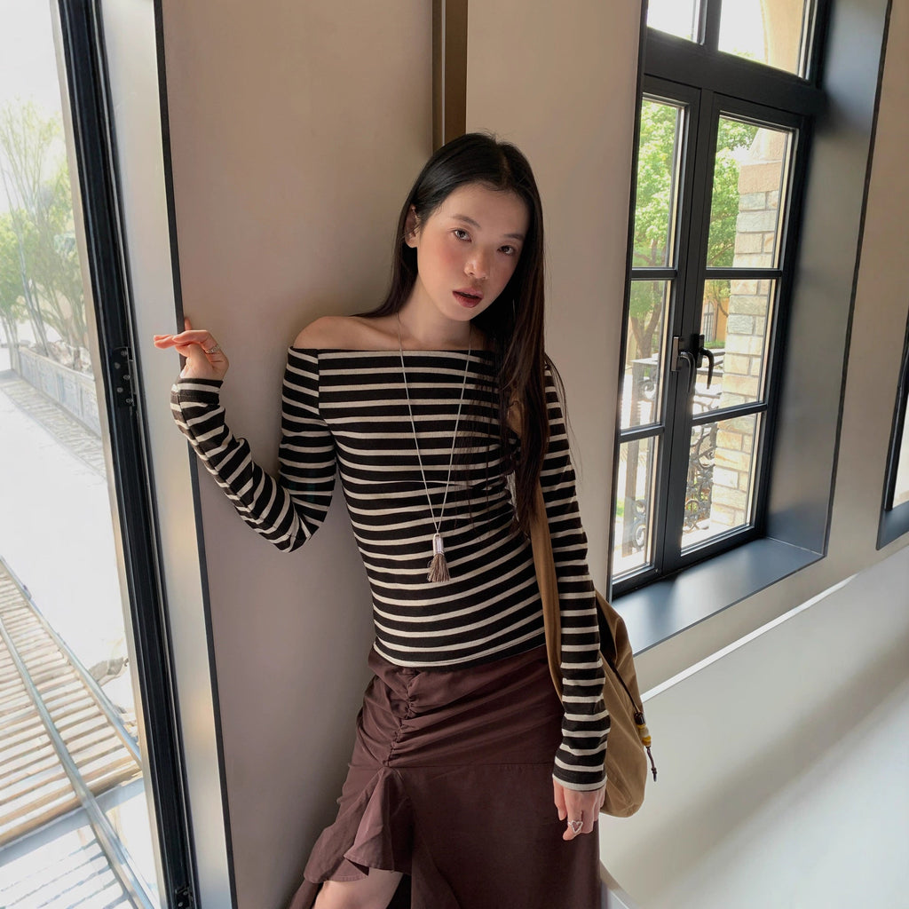 Long Sleeve Slash Shoulder Neck Striped T-Shirt Top