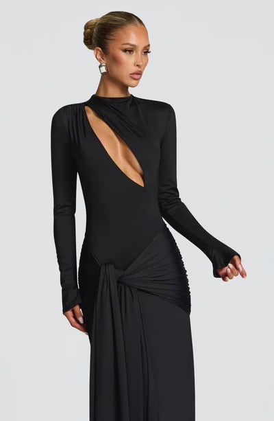 Sexy Spice Girl Hollow Long Sleeve Hip Wrap Dress Ribbon Autumn and Winter Dress