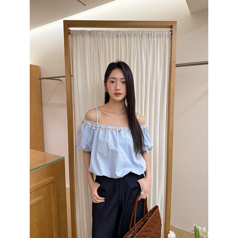 Exquisite and beautiful shirt off-the-shoulder one-shoulder suspender top