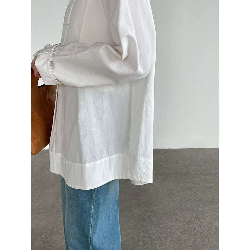 Serrated Lace Semi-Open Collar Loose Long Sleeve Shirt