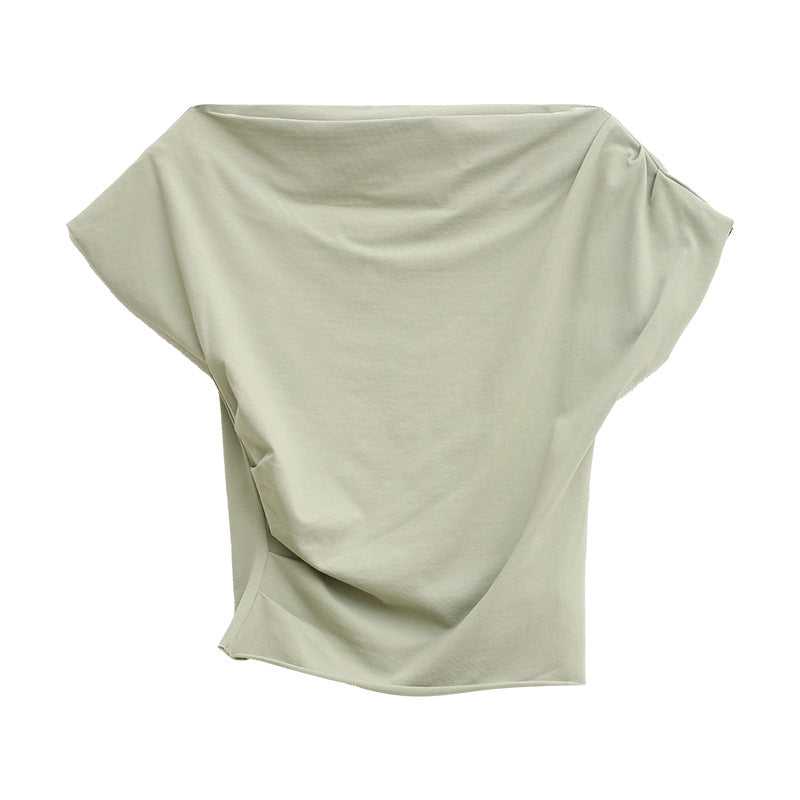 Slant shoulder three-dimensional pull-out pleated slim-fit design short-sleeved T-shirt women