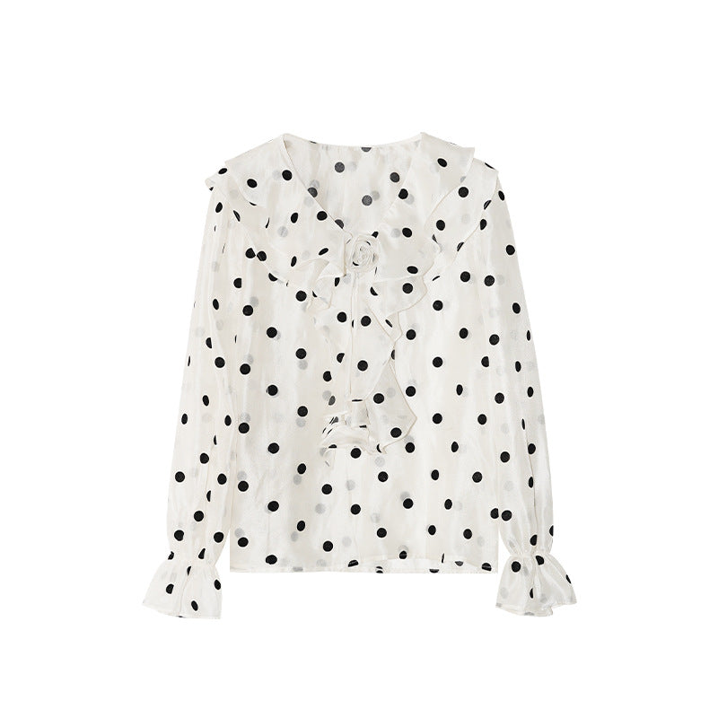 Winter French Retro Ruffle Edge Long Sleeve Sweet Polka Dot Chiffon Shirt