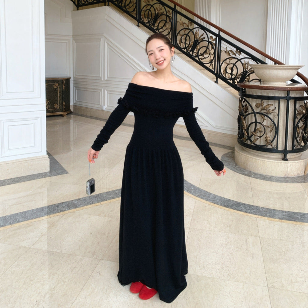 Chest knitted dress women's one-word shoulder temperament sweater skirt