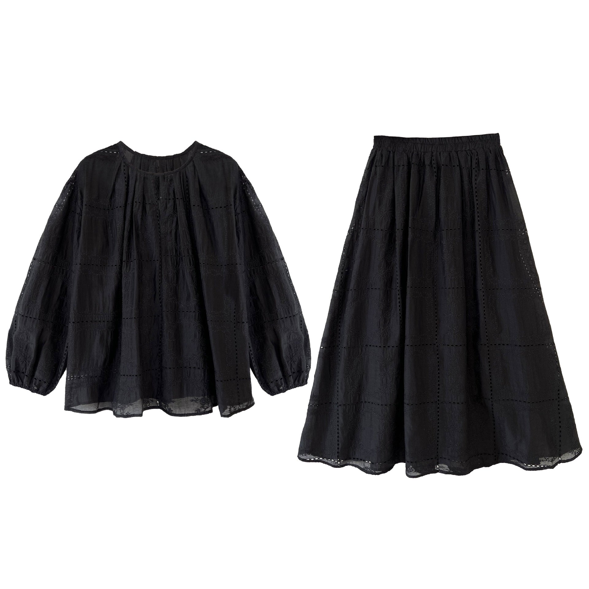 Premium temperament hollow lace embroidered top + skirt