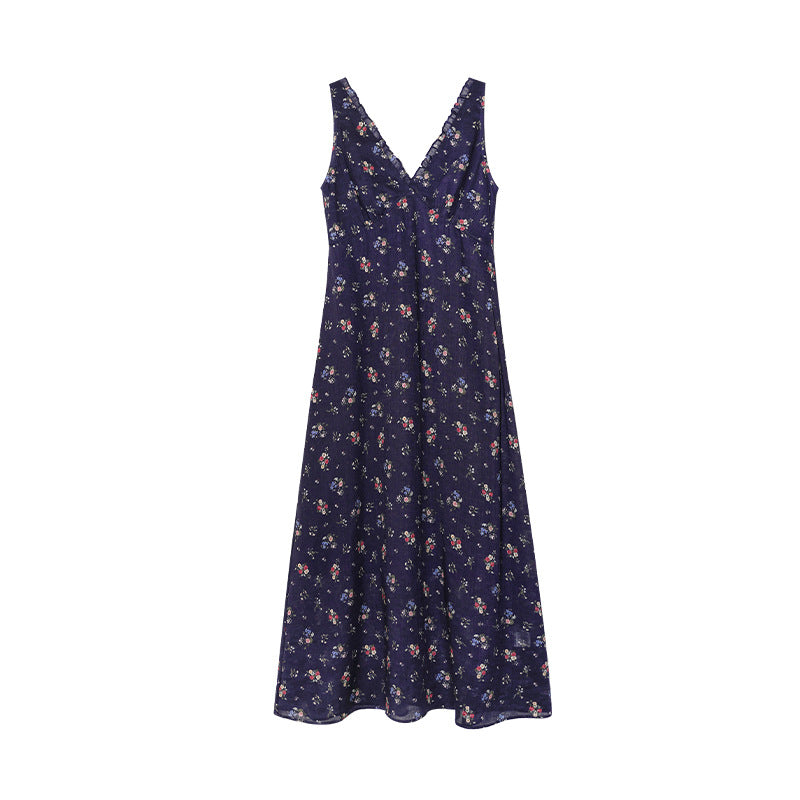Early spring Korean small fresh Tencel satin floral suspender dress