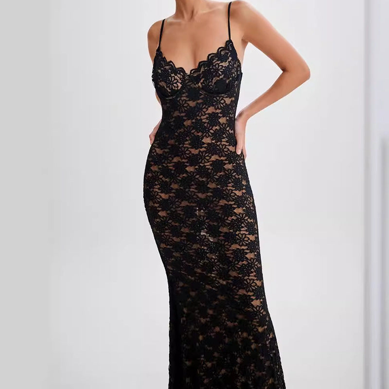 Hollow Lace Dress Female Slim Vacation Style Spice Girl Sexy Suspender Hip Bag Dress