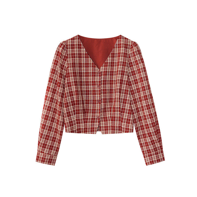 Women's V-Neck Plaid Print Single-Breasted Long Sleeve Cotton Shirt