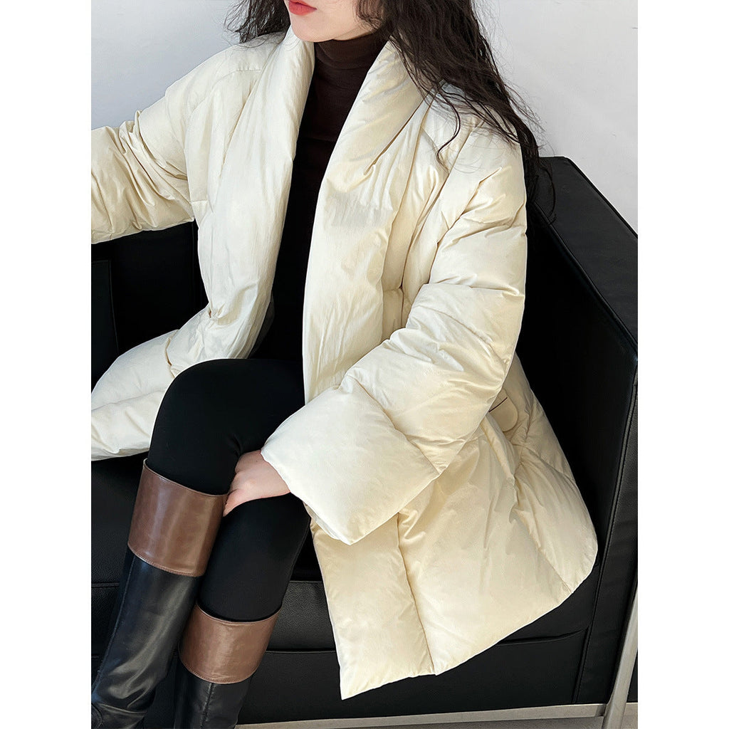 V neck waist down jacket for women lazy 90 white duck down tie back new chinoiserieoutwear