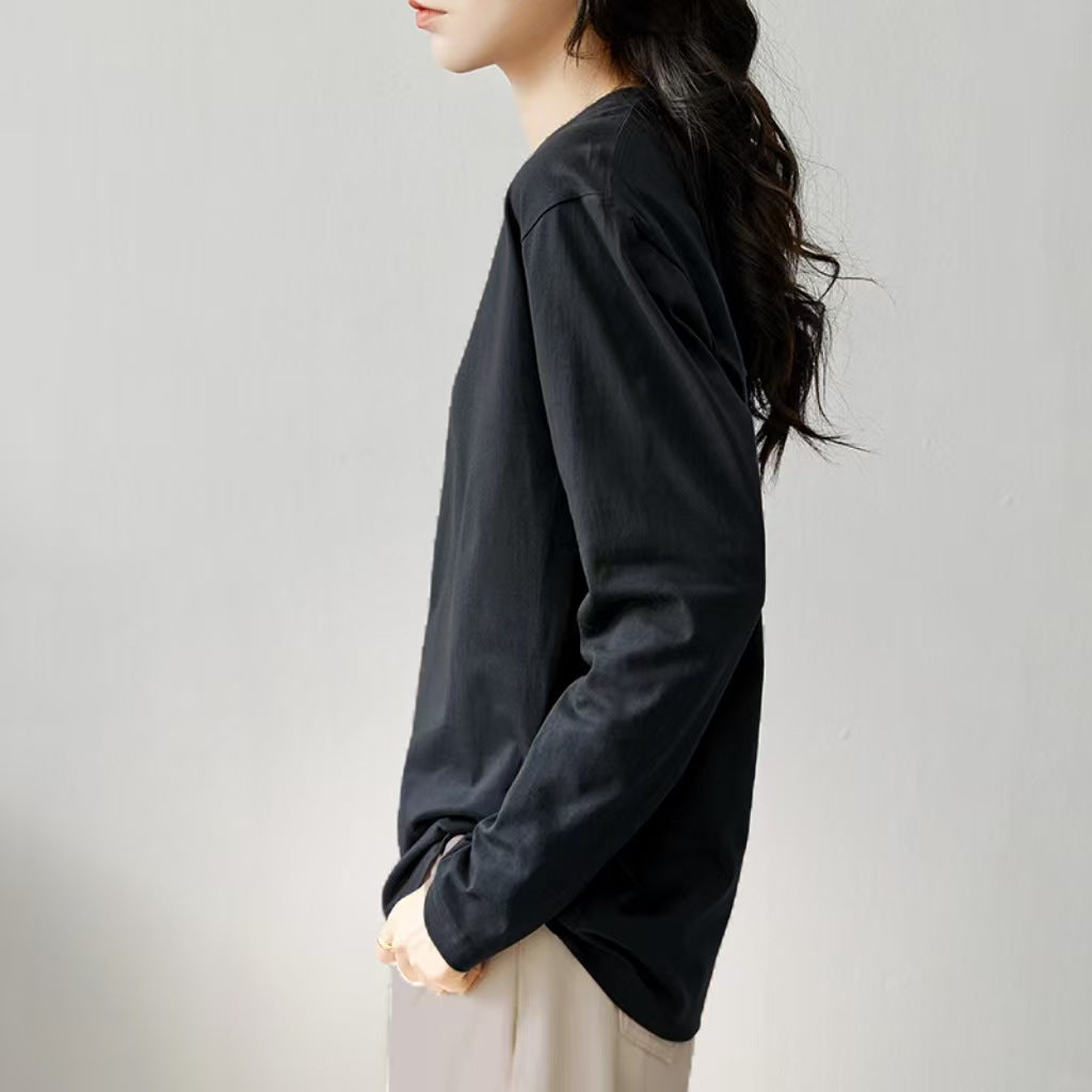 Pure Cotton Long Sleeve T-Shirt Women Round Neck Base Layer Casual Top