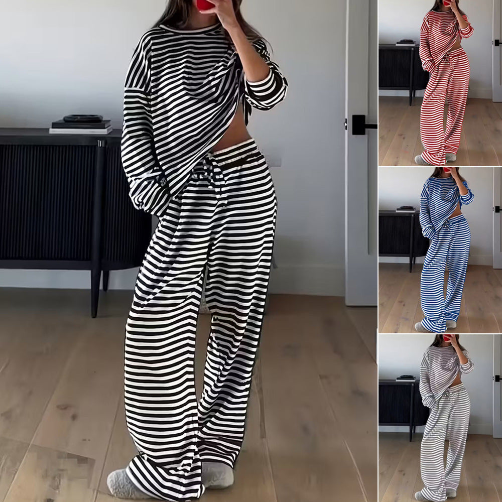 Striped Casual Two-Piece Set Women Long Sleeve Top High Waist Pants