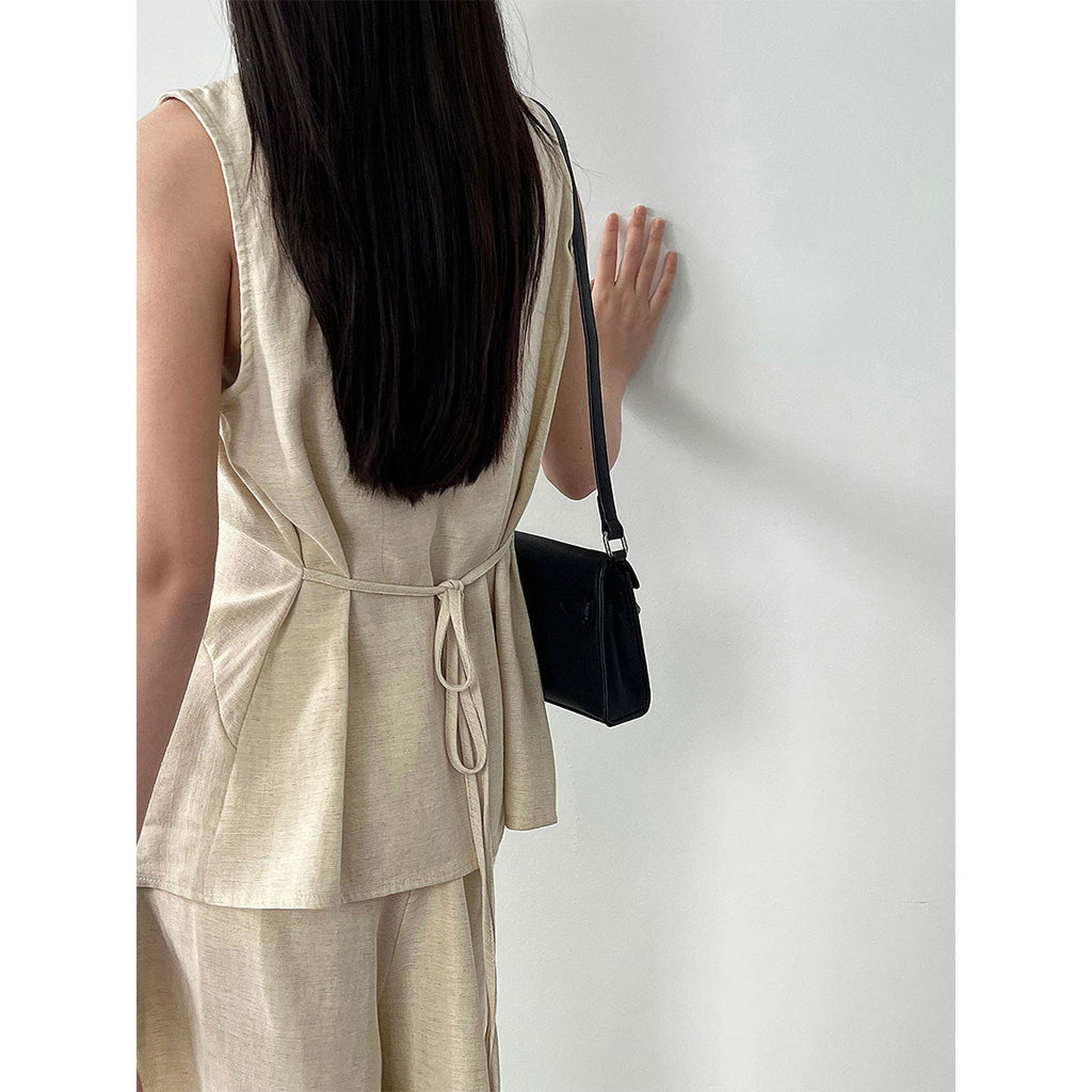 Design sense V-neck kink sleeveless vest + wide-leg pants women's summer new slim-fit linen suit