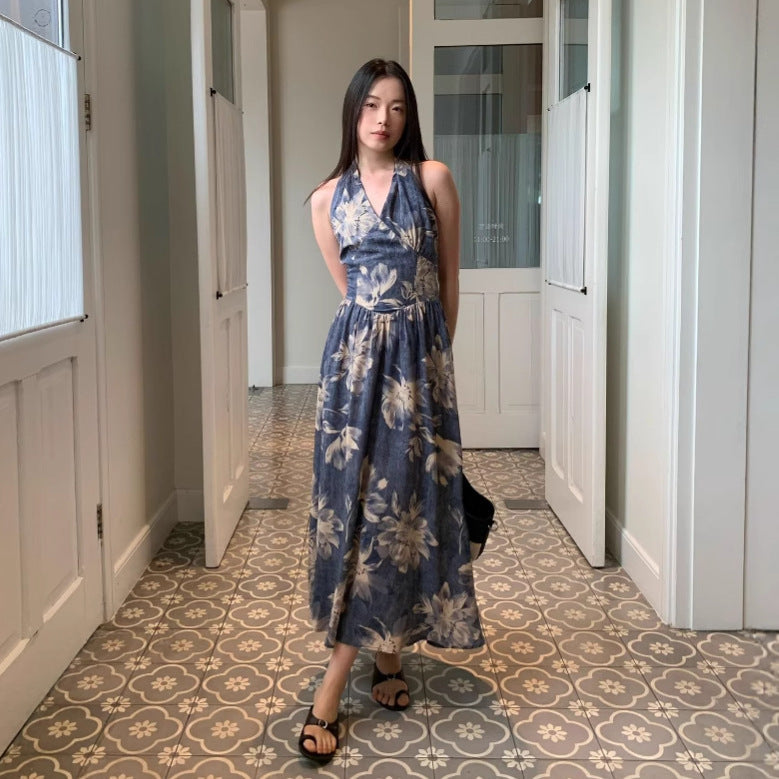 floral waist halterneck sleeveless dress