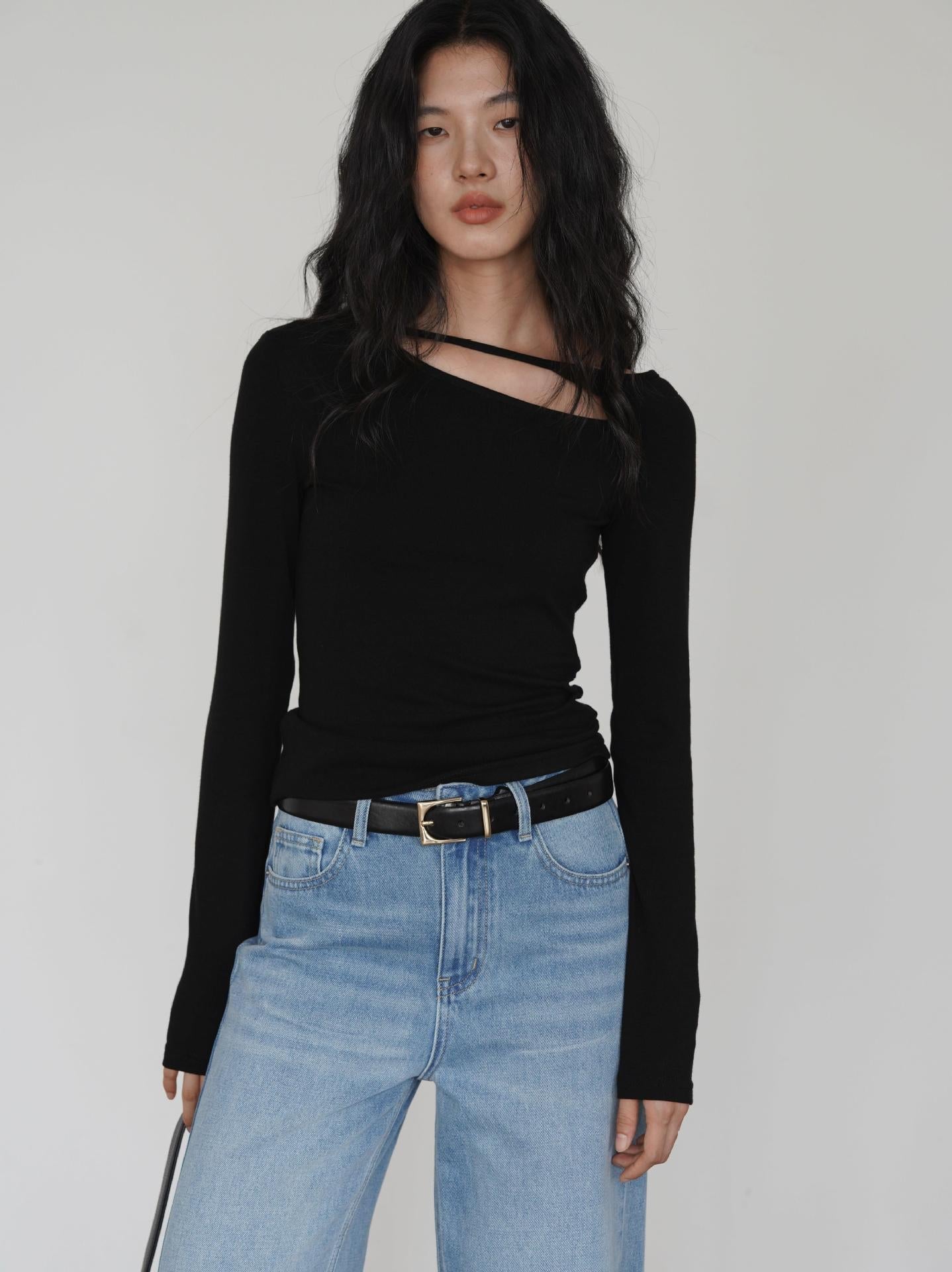 Red Asymmetric Cutout Long Sleeve Top | Slim Fit Spring Base Layer
