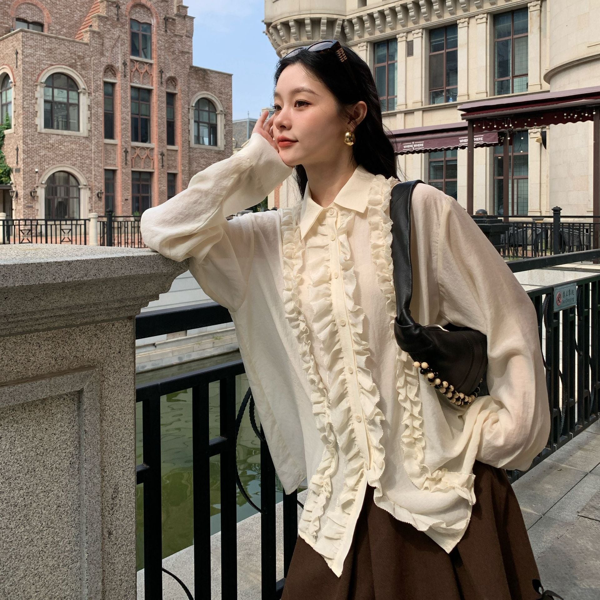 Heavy Industry Micro Transparent Splicing Long Sleeve Lapel Fungus Edge Shirt
