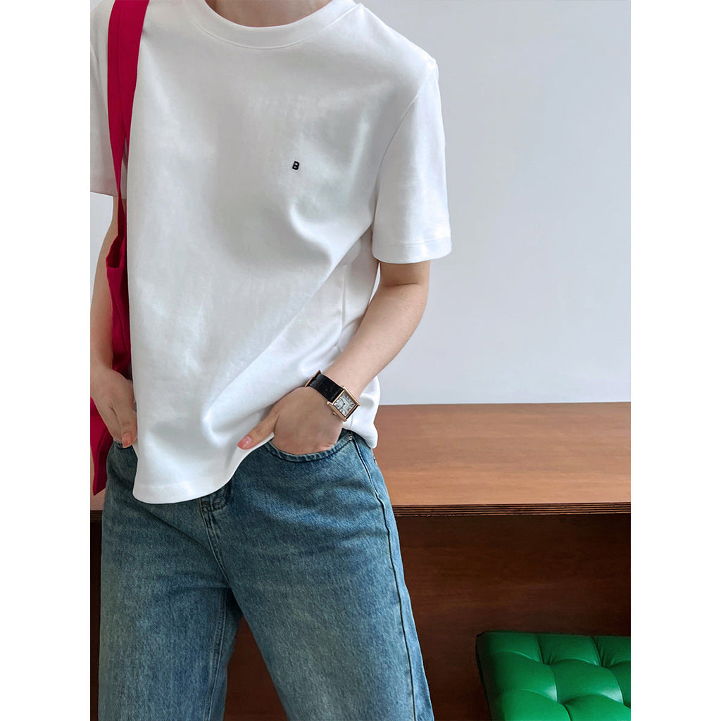 Letter embroidery simple short-sleeved T-shirt women's spring and summer new inner pullover bottoming shirt front shoulder top