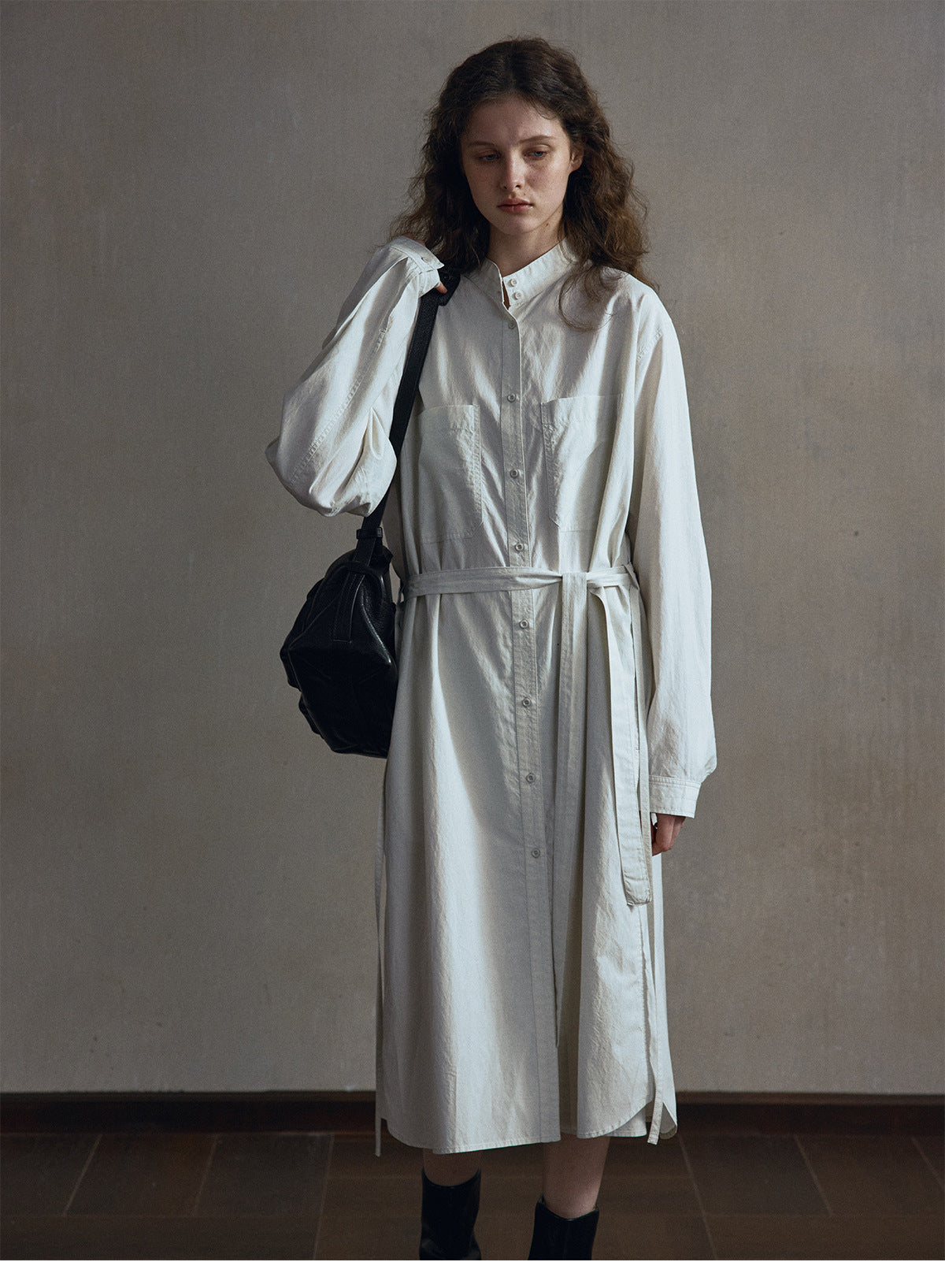 Cotton skin-friendly stand-up collar lace-up shirt dress, simple and loose coat-style long skirt