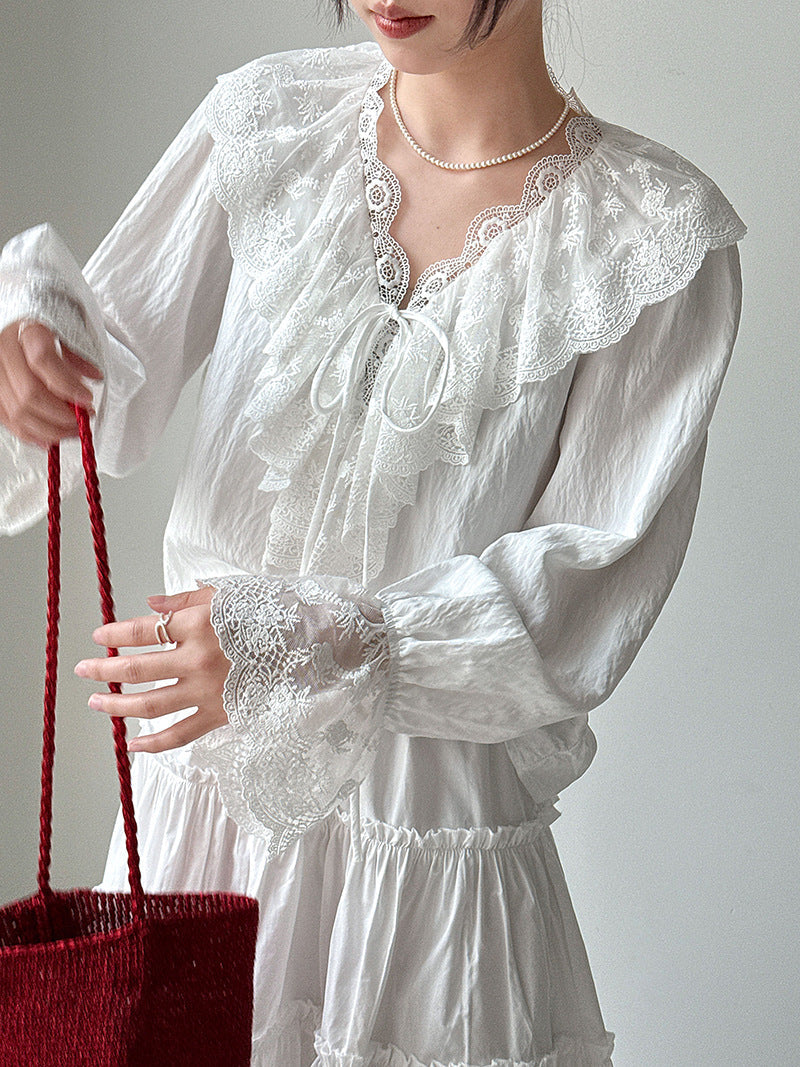 French V-Neck Lace Shirt Women's 26 Early Spring Gentle Wind Lace-Up Flared Sleeve Shirt
