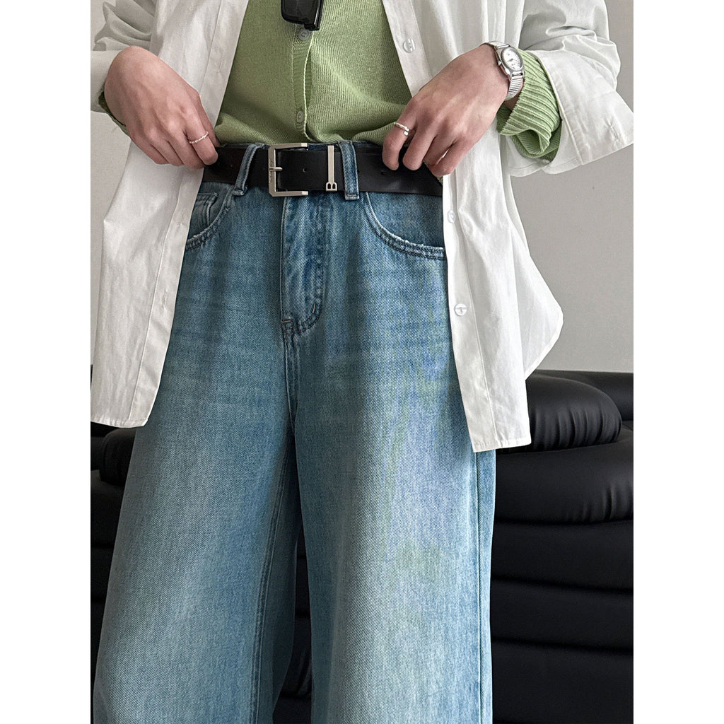 Spring retro light blue wide-leg straight with belt jeans women's design high-waisted trousers