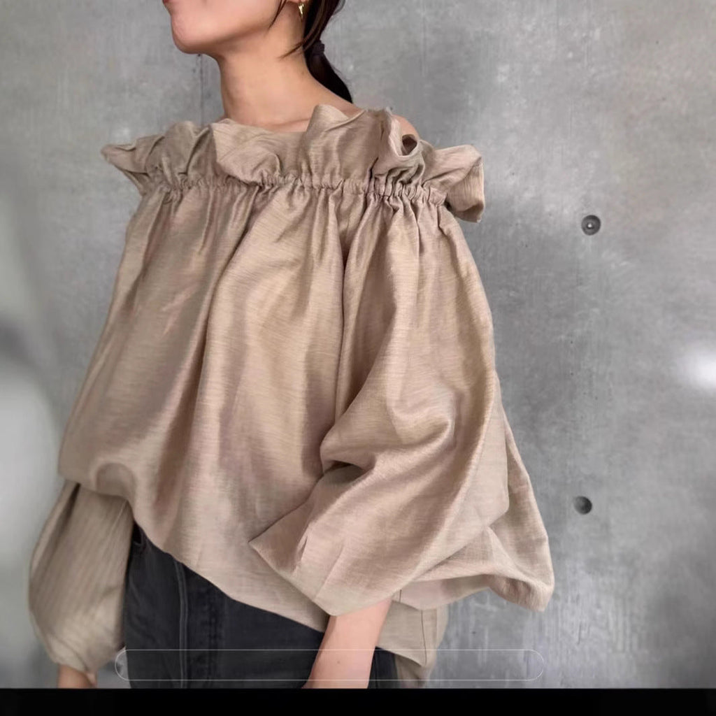 Spring and summer retro age-reducing lotus leaves, one-word shoulder collar, two tops, loose and thin casual semi-transparent shirts