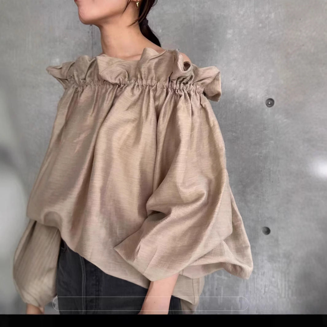 Spring and summer retro age-reducing lotus leaves, one-word shoulder collar, two tops, loose and thin casual semi-transparent shirts