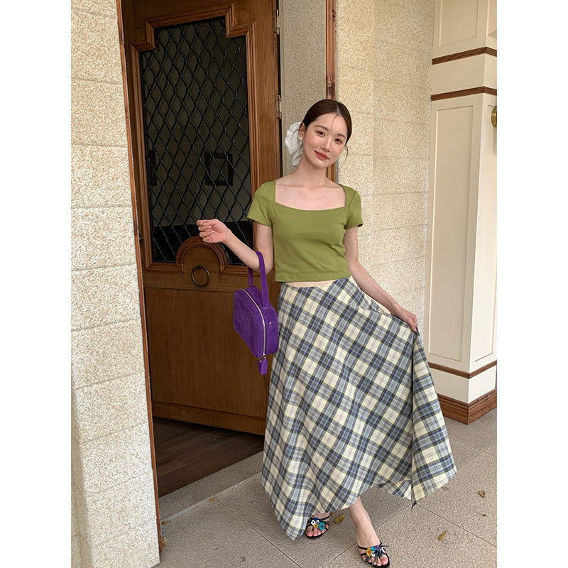 Square Neck French Tights Open Button Short Sleeve T-Shirt