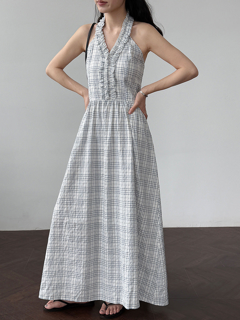 Korean plaid neck lace backless dress summer vacation style waist thin dress