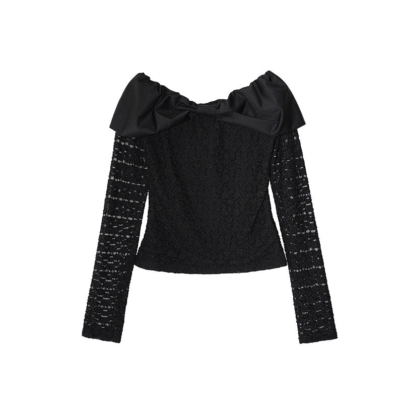 Sweet crochet hollow long-sleeved shoulder knit top