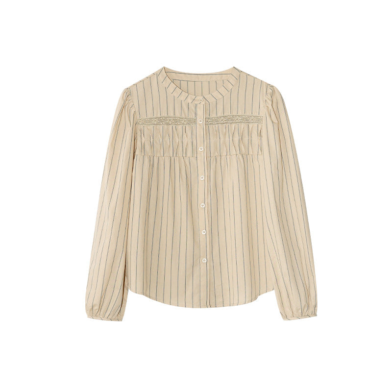 Fashion foreign style age-reducing round neck vertical striped shirt